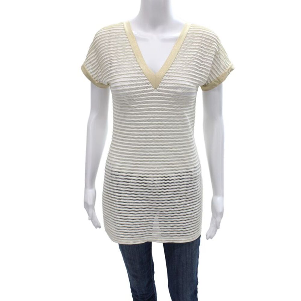 Luli Fama Women Tunic Blouse White Striped V-Neck Short Sleeve Size S